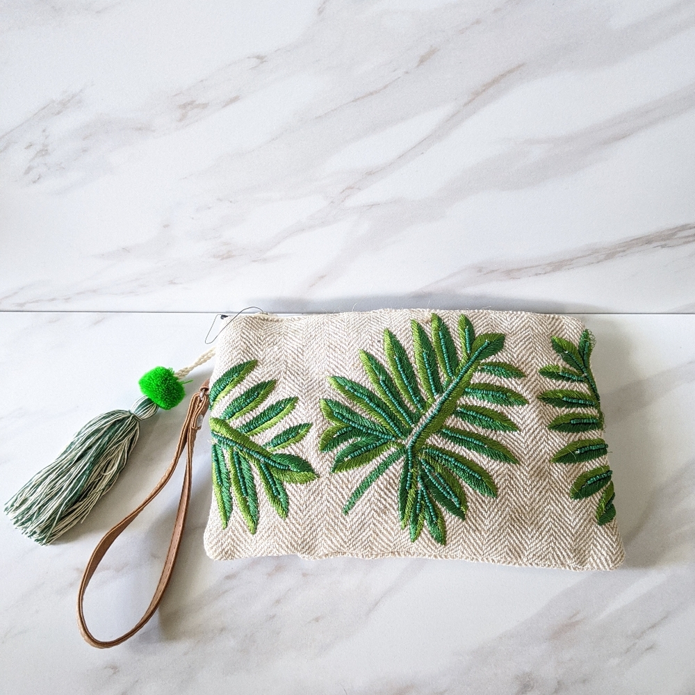 Embroidered Beaded Palm Leaf Boho Wristlet Clutch - Picture 4 of 9